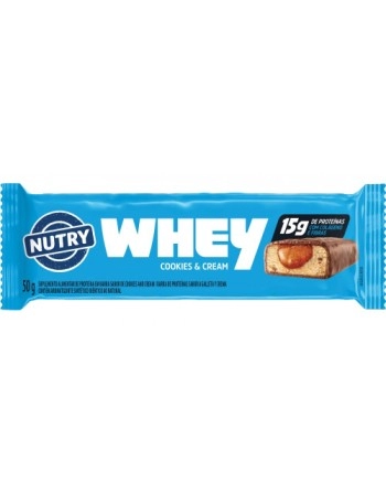 Barra de Proteínas Whey Cookies & Cream - Nutry - Display 12 x 50g - Com Colágeno, Fibras e 15g de Proteínas