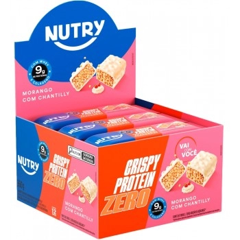 Barra de Proteína Crispy Zero Morango e Chantilly -Nutry -12 x 30g- Com 9g de Proteína, Whey, Colágeno e Zero Adição de Açúcares
