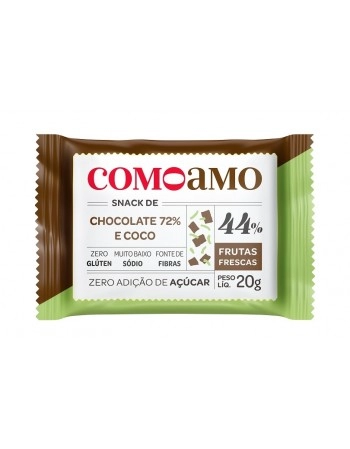 Snack Doce Chocolate 72% e Coco Zero - ComoAmo - Display 16 X 20g