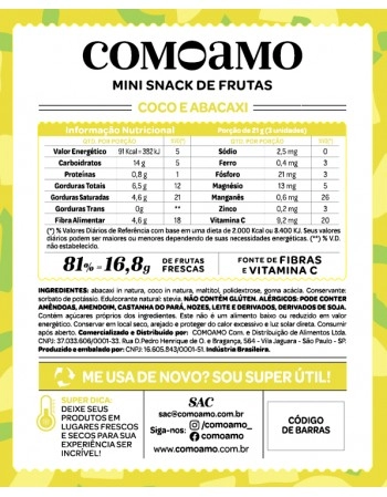 Snack Mini Coco e Abacaxi - ComoAmo - Pouch 56g